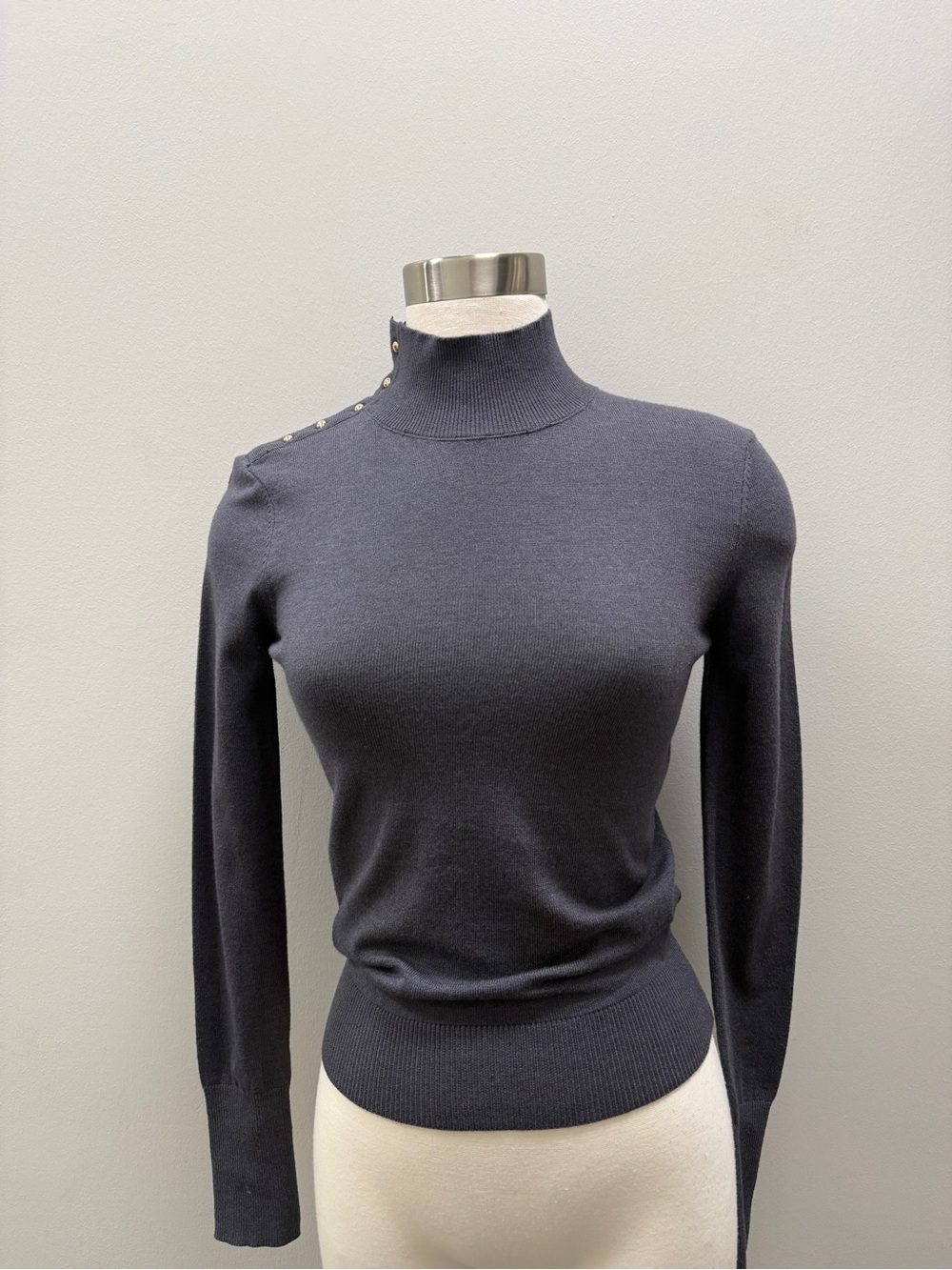 Women’s Gray Mock Neck Sweater with Functional Shoulder Buttons by Love Tree